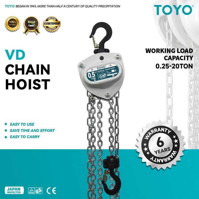 VD Manual Chain Hoist 1-5 Tons, With G80 Chain, Hooks With Safety Factor 1:4 Gearbox Durability