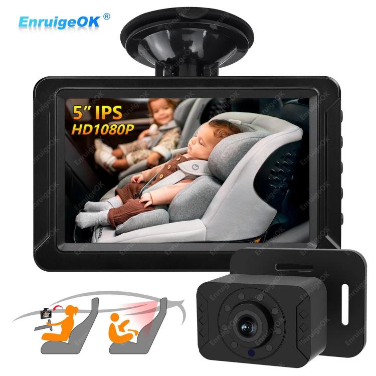 EnruigeOK婴儿车摄像头5英寸1080P显示器360°旋转USB插头，带高清红外夜视功能