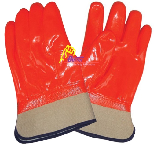 Fluorescent PVC fully dipped,smooth finished, two layer liner, sponge & interlock lining, safety cuff work gloves