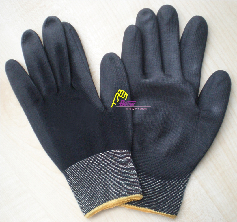 13 guage black polyester or nylon yarn seamless knitted lining,PU palm coated anti static work gloves