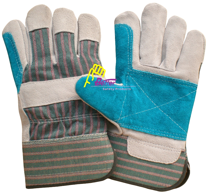 Cow split leather,cotton stripe fabric,with blue palm reinforced ,half liner,ruberized cuff leather work gloves